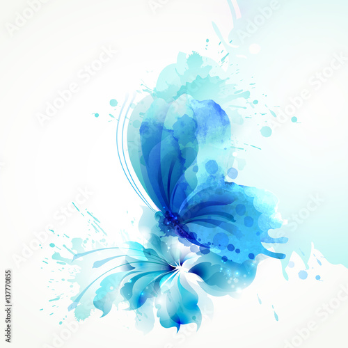 Beautiful watercolor abstract blue butterfly on the flower on the white background.