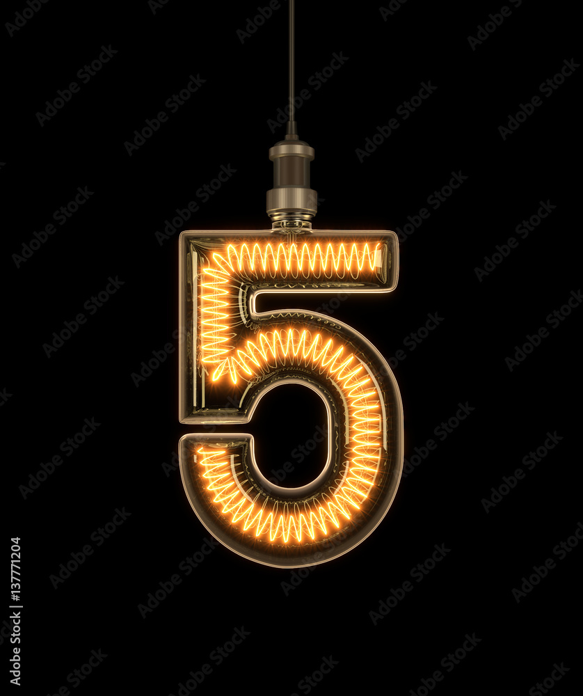 Number 5, Alphabet  made of light bulb. 3D illustration - obrazy, fototapety, plakaty 