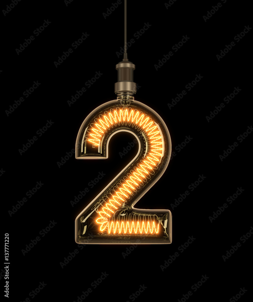 Number 2, Alphabet  made of light bulb. 3D illustration - obrazy, fototapety, plakaty 