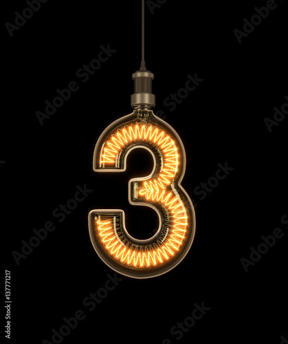 Number 3, Alphabet made of light bulb. 3D illustration