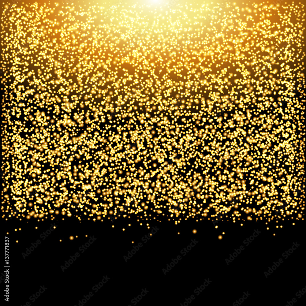Falling glow gold particles on black background. Luxury design. Holiday, nightclub, party card. Vector illustration