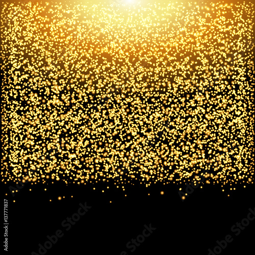 Falling glow gold particles on black background. Luxury design. Holiday, nightclub, party card. Vector illustration