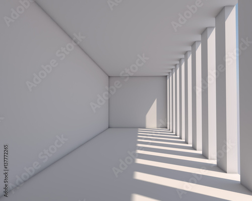 White gallery illuminated by sunlight architectural background.