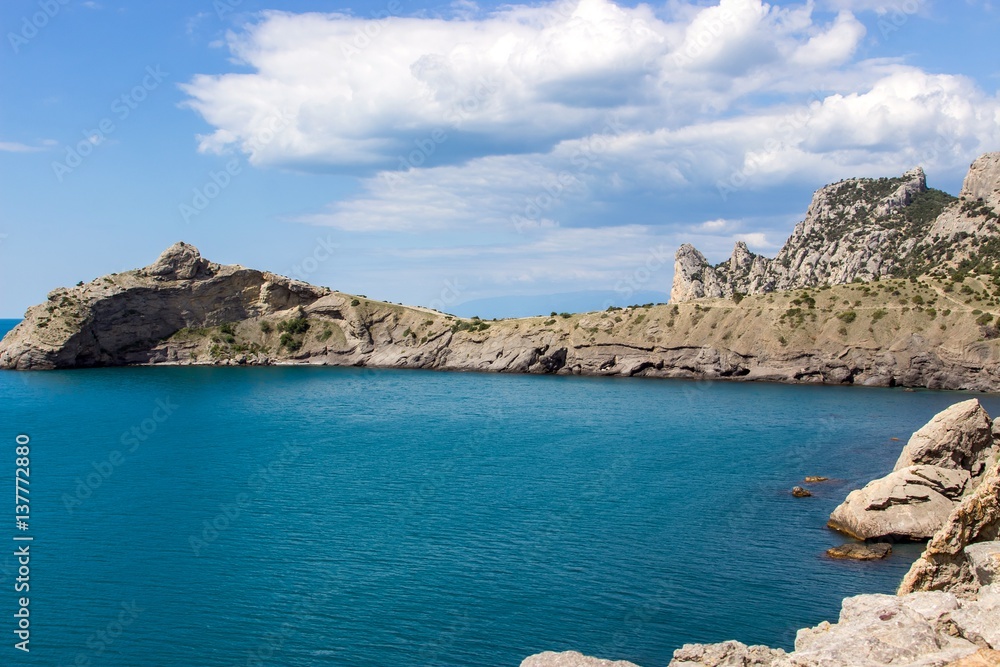 Crimean seascape with mountains, coastline and blue sea