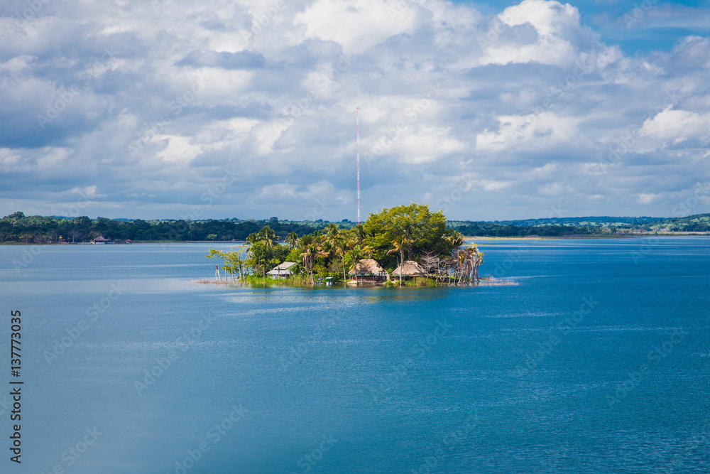 Island with museum on Peten Iitza lake in Flores on Dec 20, 2015. Guatemala.