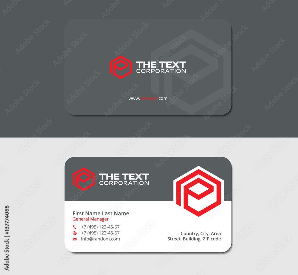 gray business card with red hexagon, print template, brand and branding, letter e