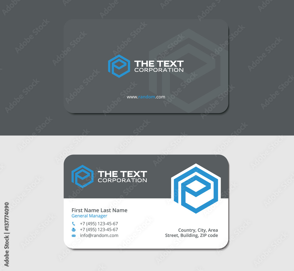 gray business cards with blue hexagon, print template, branding and brand, letter p gray business cards with blue hexagon, print template, branding and brand, letter p