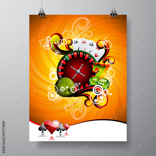 Vector Party Flyer design on a Casino theme with roulette wheel on grunge background. Eps 10 illustration.