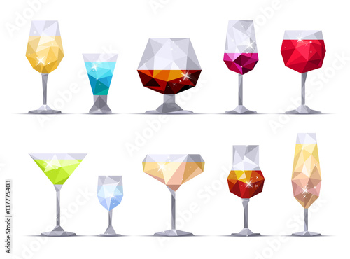 Set of poligonal icon alcoholic glass on white background.Geometric triangle style.JPG with isolated path