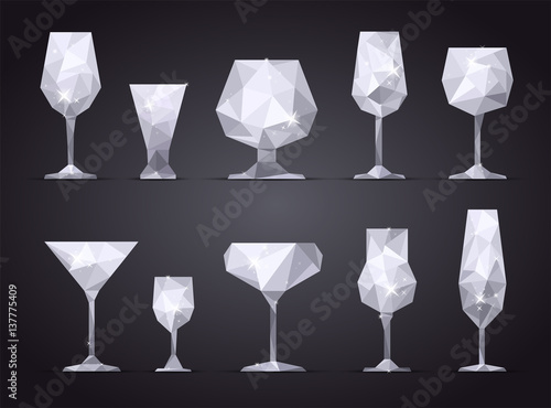 Set of poligonal icon alcoholic glass. Geometric triangle style. JPG with isolated path