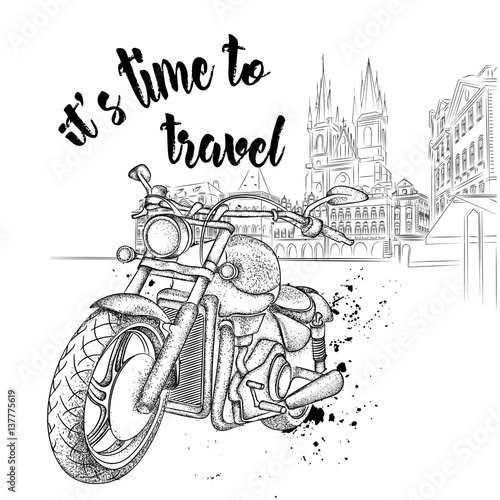 Hand drawn vintage motorcycle on background. The old city of Prague. Vector illustration