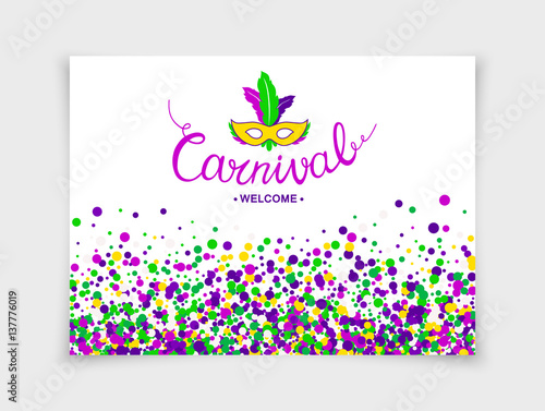 Colorful hand lettering Welcome Carnival with masquerade mask isolated on white background. Vector banner.
