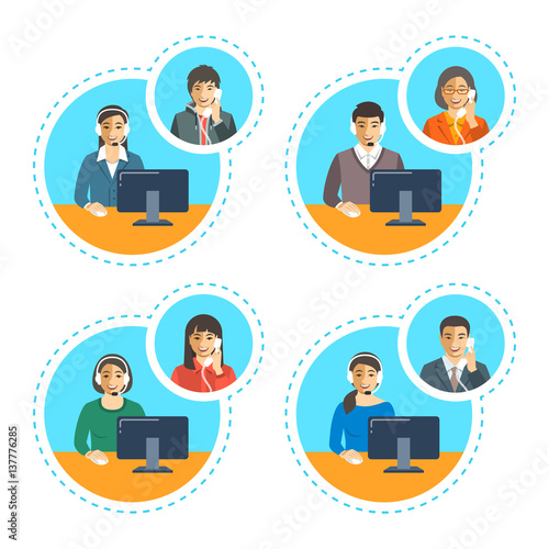 Asian call center agents team talking on the phone with customers. Flat vector banners. Customer care operators. Online technical support service assistants with headphones.