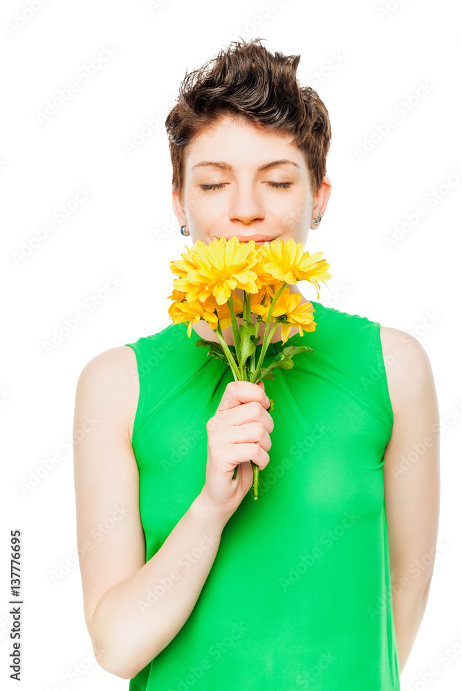 beautiful brunette with a bouquet of chrysanthemums on a white background beautiful brunette with a bouquet of chrysanthemums on a white background