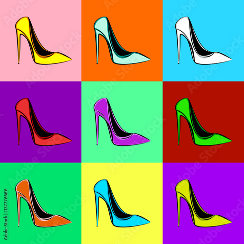 Multicolored female shoes with high heels