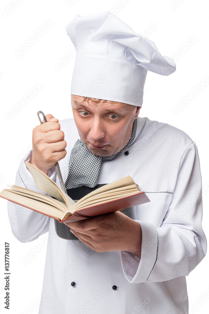 Crazy cook with a pan and a book of recipes on a white background