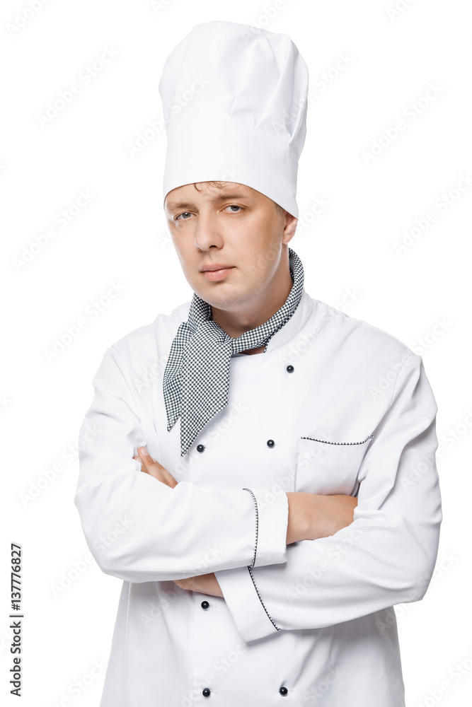 vertical photograph of 30-year-old cook on a white background