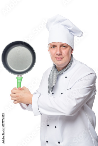 Vertical portrait of chefs with a frying pan on a white background