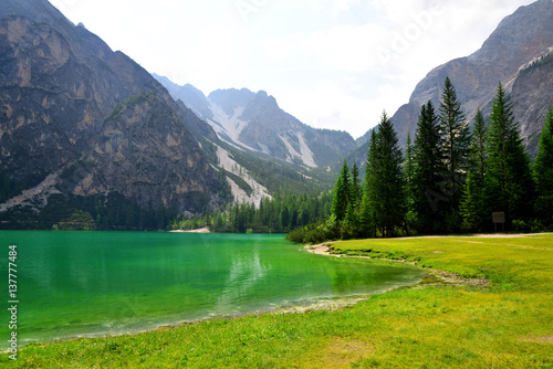 Lago di Braies ( Pragser Wildsee ) in Dolomites mountains - Sudtirol, Italy