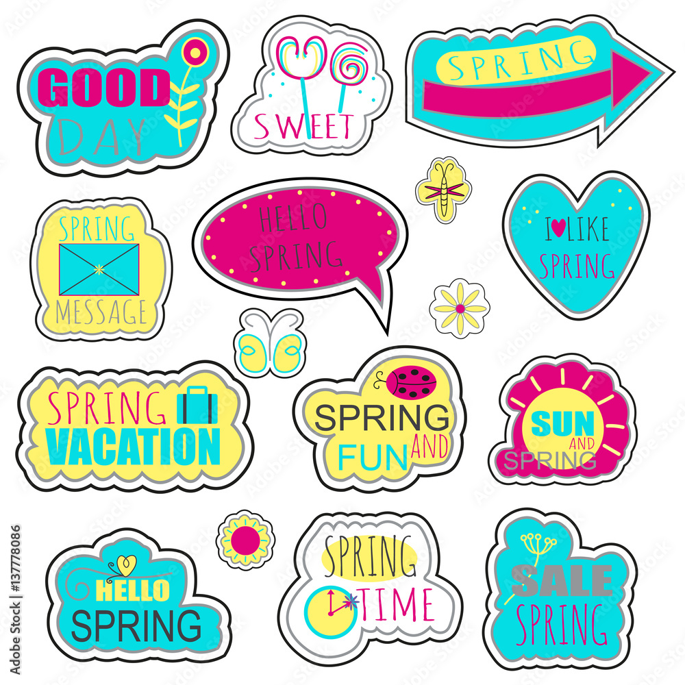 Set of Spring stickers, badges with text, insects and floral elements. Vector illustration. Set of Spring stickers, badges with text, insects and floral elements. Vector illustration.