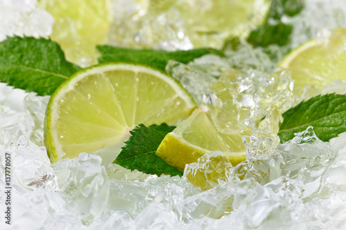  lime slices and mint leaves on ice