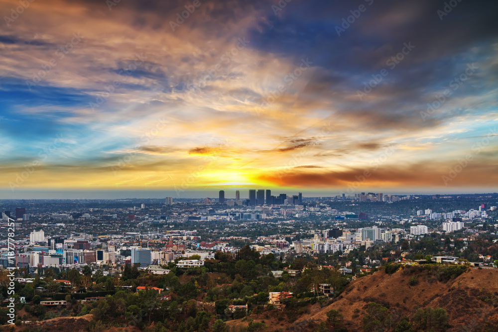 Los Angeles under a colorful sky at sunset