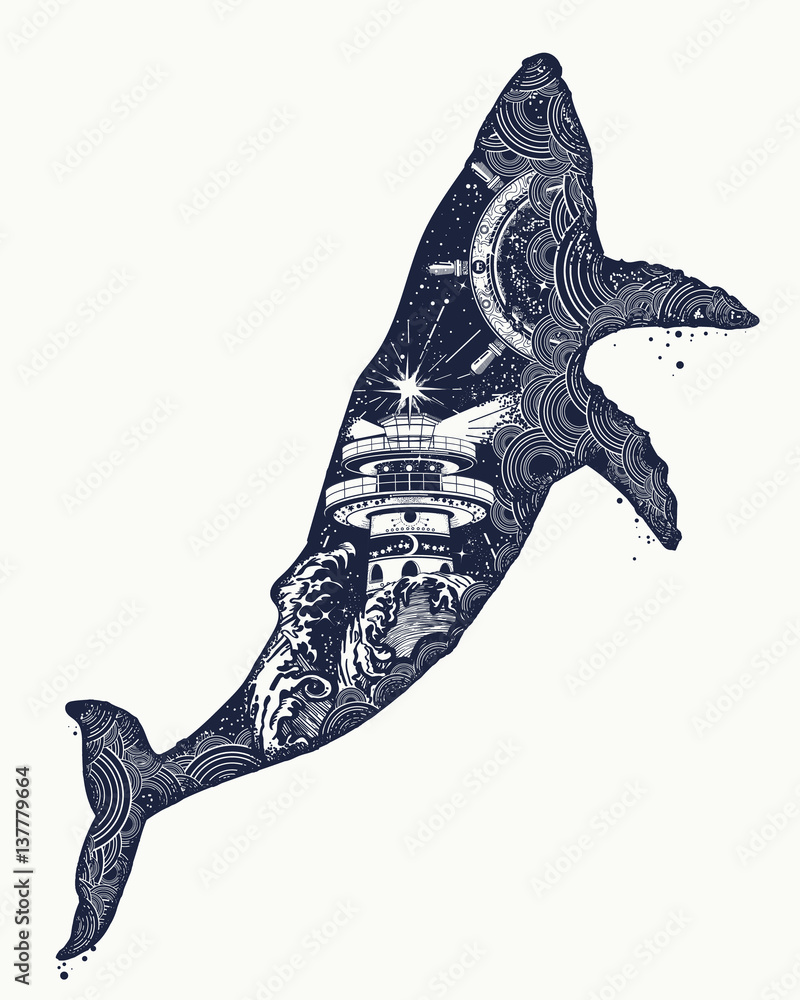 Whale tattoo art. Symbol Travel, adventure tourism. Lighthouse and waves.  Double exposure animals Stock Vector | Adobe Stock