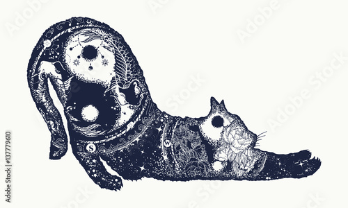 Cat tattoo art. Meditation, philosophy, harmony yin and yang symbol