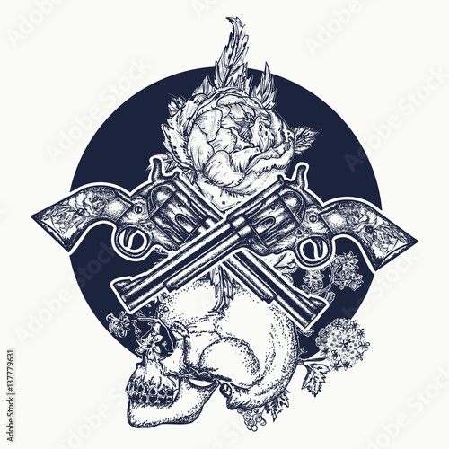 Skull, crossed guns, rose, tattoo art. Symbol of the wild west, robber, crime