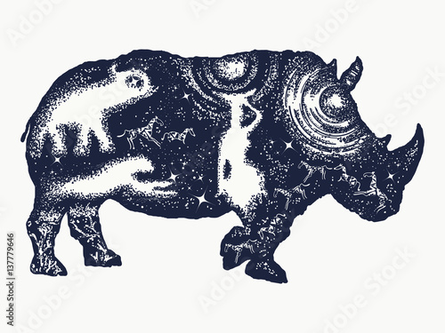 Rhinoceros double exposure tattoo art. Symbol Africa, savannah, travel