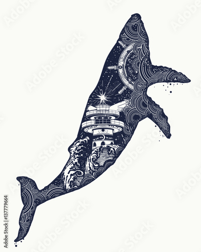 Whale tattoo art.  Symbol Travel, adventure tourism. Lighthouse and waves. Double exposure animals