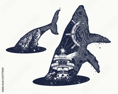 Whale double exposure surreal tattoo. Steering wheel lighthouse, storm. Travel, adventure, outdoors symbol