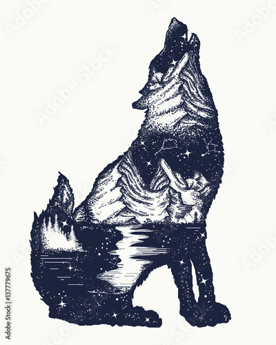 Wolf double exposure tattoo art. Symbol tourism, travel, adventure, outdoor