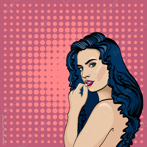 Sexy woman pop art. Fashionable beautiful woman retro comic style. Elegant romantic girl pop art portrait and pink copy space