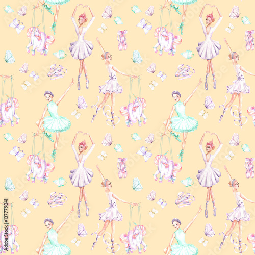Seamless pattern with watercolor ballet dancers, puppet unicorns, butterflies and pointe shoes, hand drawn isolated on a pink background