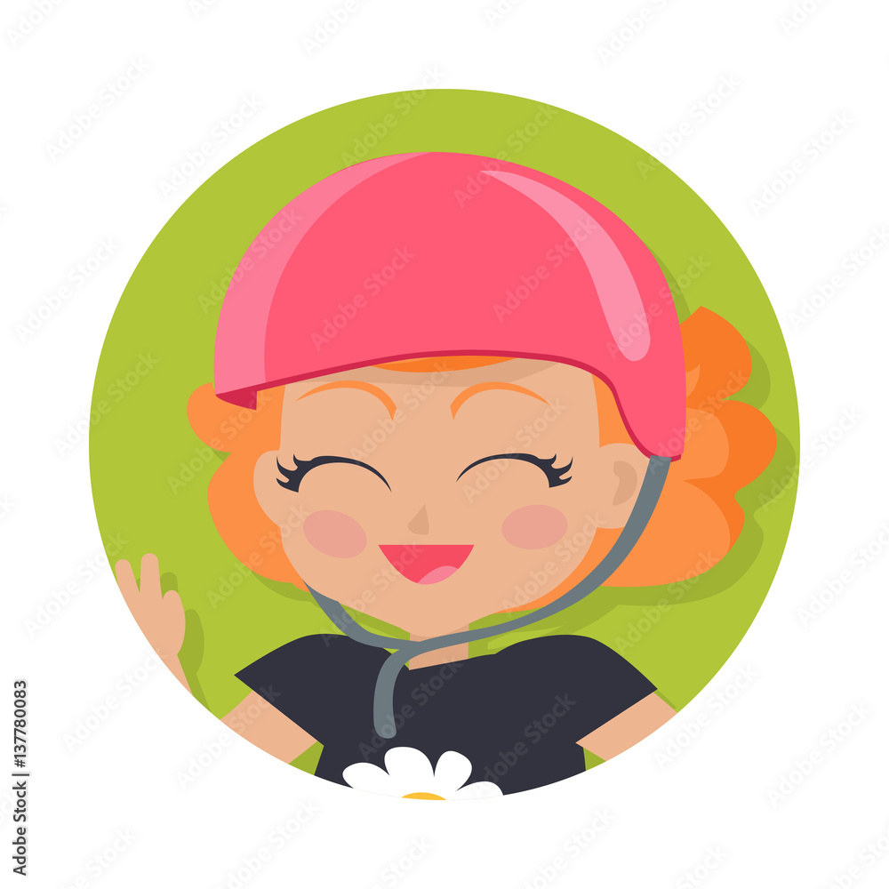 Smiling Girl in Pink Helmet. Simple Cartoon Style