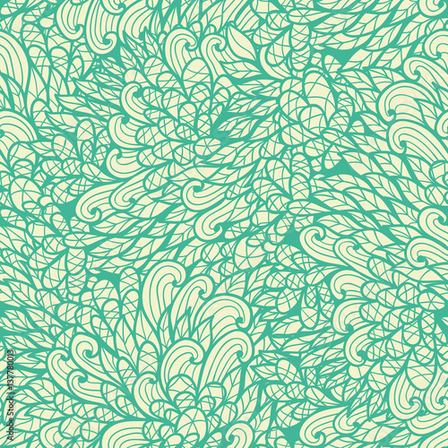 Seamless floral monochrome blue and beige doodle pattern