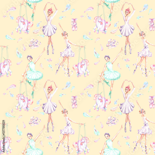 Seamless pattern with watercolor ballet dancers, puppet unicorns, feathers and pointe shoes, hand drawn isolated on a pink background