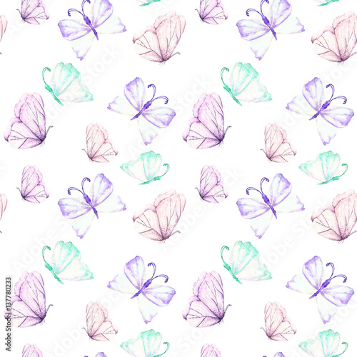 Seamless pattern with watercolor tender purple and mint butterflies, hand drawn isolated on a white background