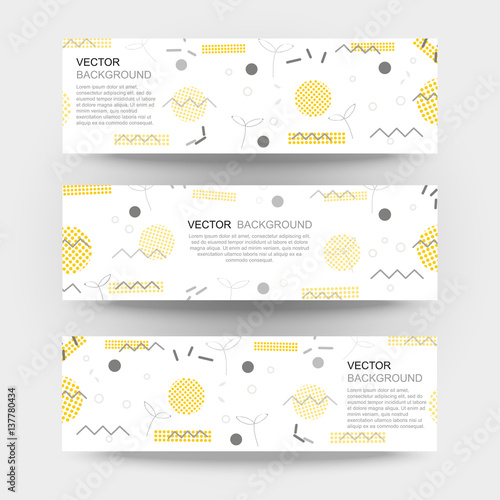 Trendy geometric elements memphis banner. Pattern for tissue and postcards. Spring poster, blue and pink color background.