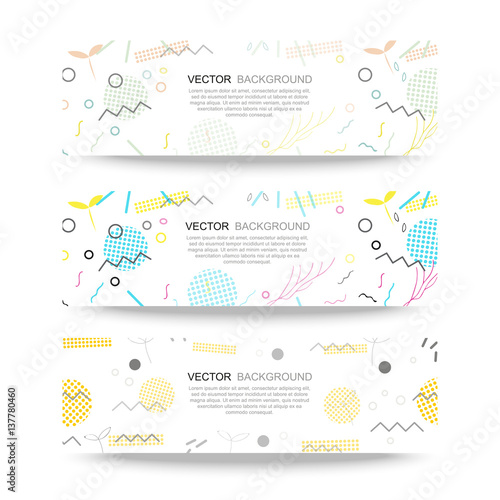 Trendy geometric elements memphis banner. Pattern for tissue and postcards. Spring poster, blue and pink color background.