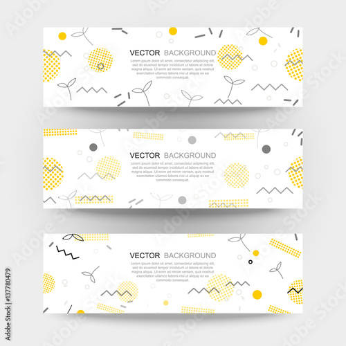 Trendy geometric elements memphis banner. Pattern for tissue and postcards. Spring poster, blue and pink color background.