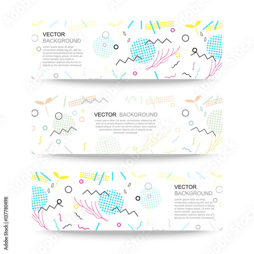 Trendy geometric elements memphis banner. Pattern for tissue and postcards. Spring poster, blue and pink color background.