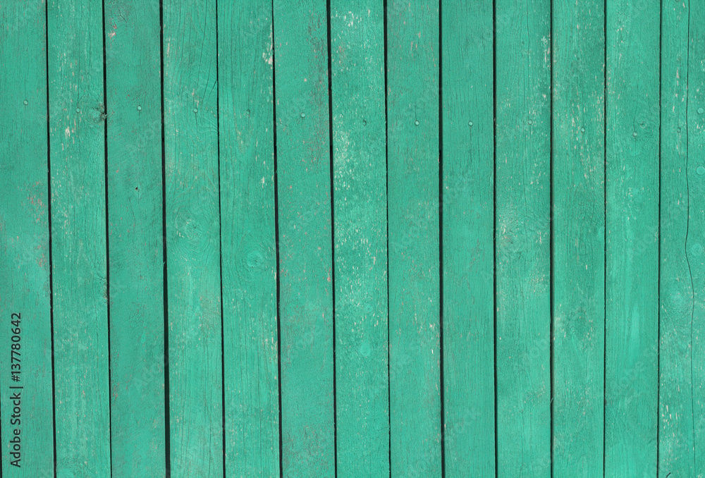 Several of planks painted in green. Fragment of the fence. Several of planks painted in green. Fragment of the fence.