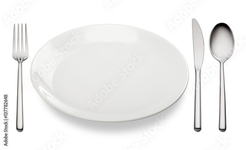 Empty plate with spoon, knife and fork