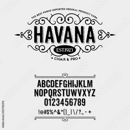 Typeface. Label. Cigar Havana typeface, labels and different type designs