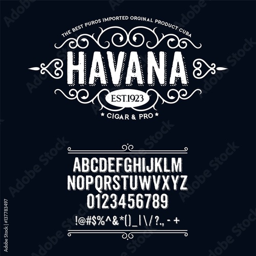Typeface. Label. Cigar Havana typeface, labels and different type designs