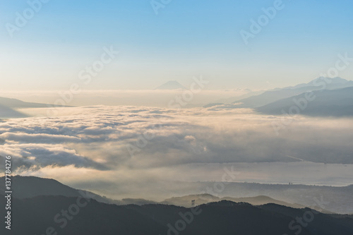 aerial Mount Fuji with Suwako Lake sunrise Takabochi in early morning, Japan photo