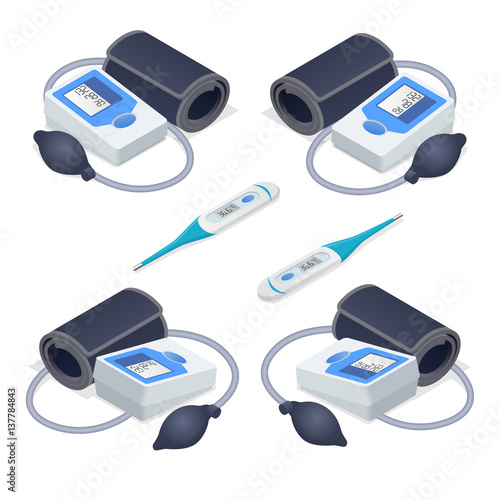 Isometric Medical tonometer for measuring blood pressure and electronic thermometer isolated on white