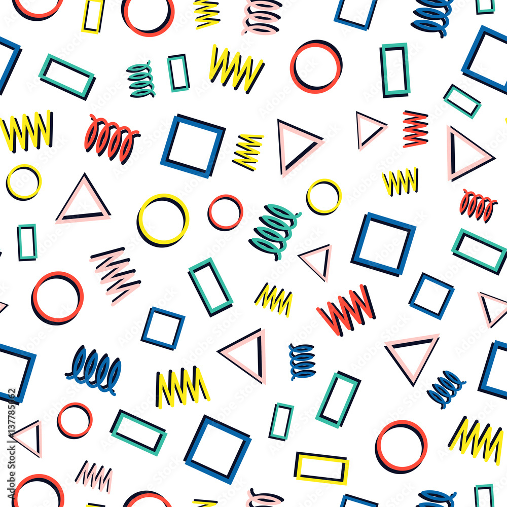 Retro memphis geometric line shapes seamless patterns. Hipster fashion 80-90s. Abstract jumble textures. Zigzag lines. Triangle. Memphis style for printing, website, design, poster. Retro memphis geometric line shapes seamless patterns. Hipster fashion 80-90s. Abstract jumble textures. Zigzag lines. Triangle. Memphis style for printing, website, design, poster.